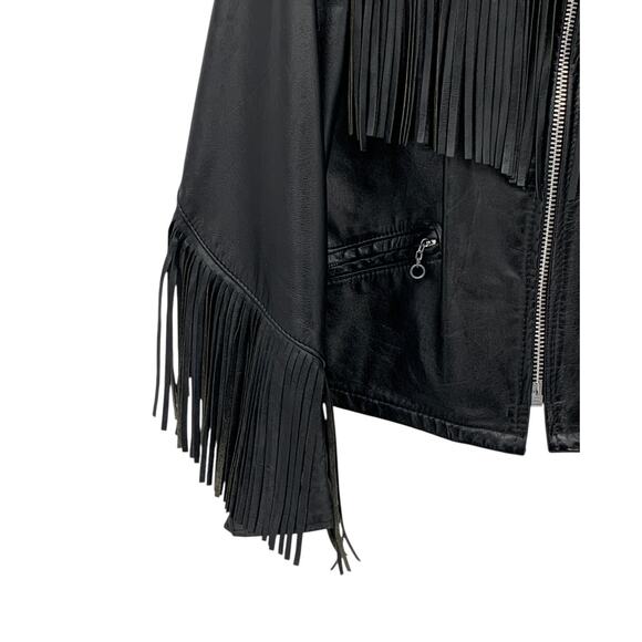 Vintage Black Leather Fringe Motorcycle Biker Jacket Women's Med - Picture 10 of 16
